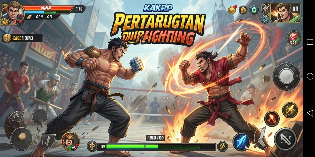 Screenshot utama KAKRP menunjukkan aksi pertarungan yang intens dan grafis menawan.