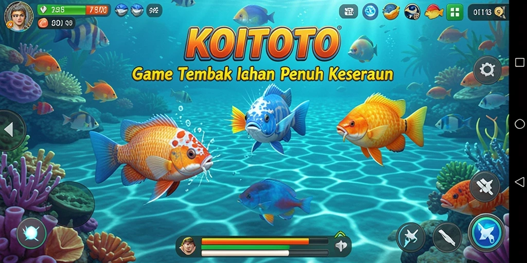 Tampilan gameplay seru dalam KOITOTO dengan ikan-ikan yang berwarna-warni.