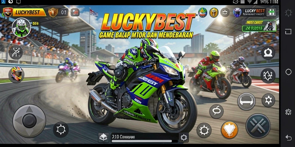Tampilan gameplay seru dalam LUCKYBEST dengan balapan motor cepat.