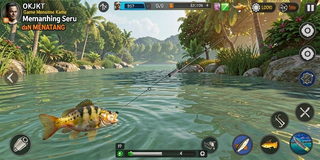 Screenshot gameplay OKJKT menunjukkan momen menarik saat memancing.
