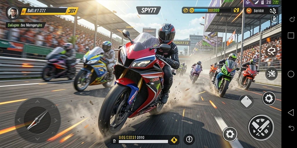 Gameplay SPY77 yang seru dengan aksi balapan motor.