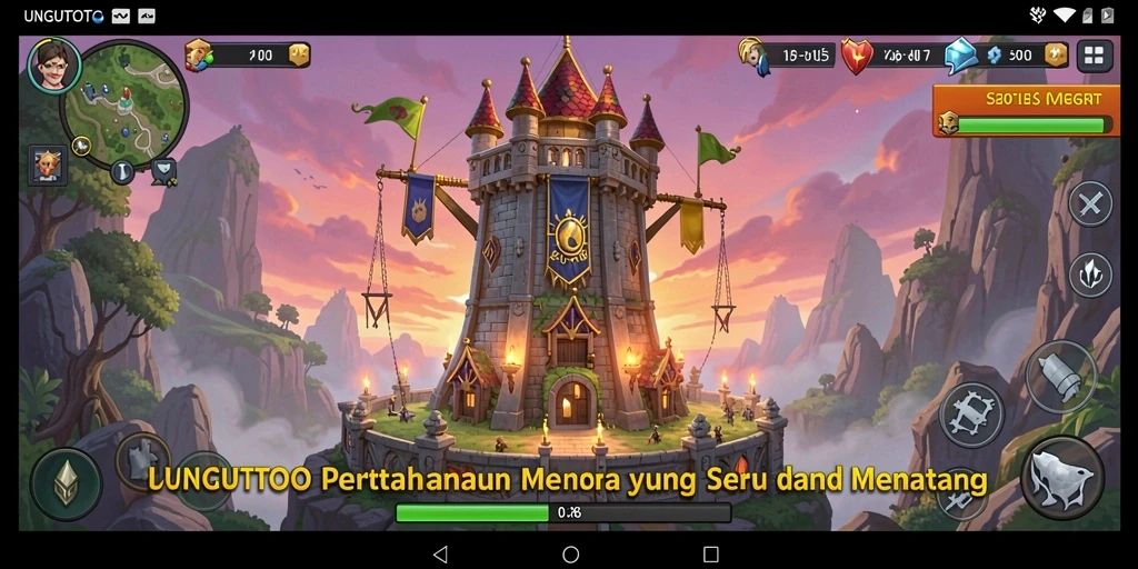 Tampilan aksi seru di UNGUTOTO dengan berbagai menara dan musuh.